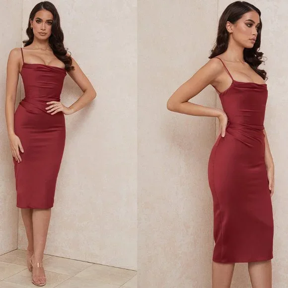 HOUSE OF CB 'Anja' Wine Satin Corset Midi Dress NWOT